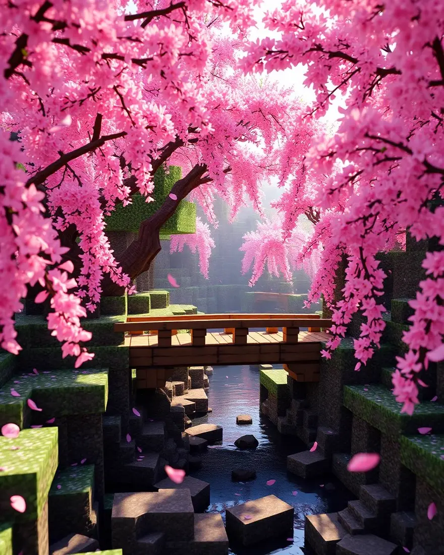 Cherry blossom biome with a wooden bridge