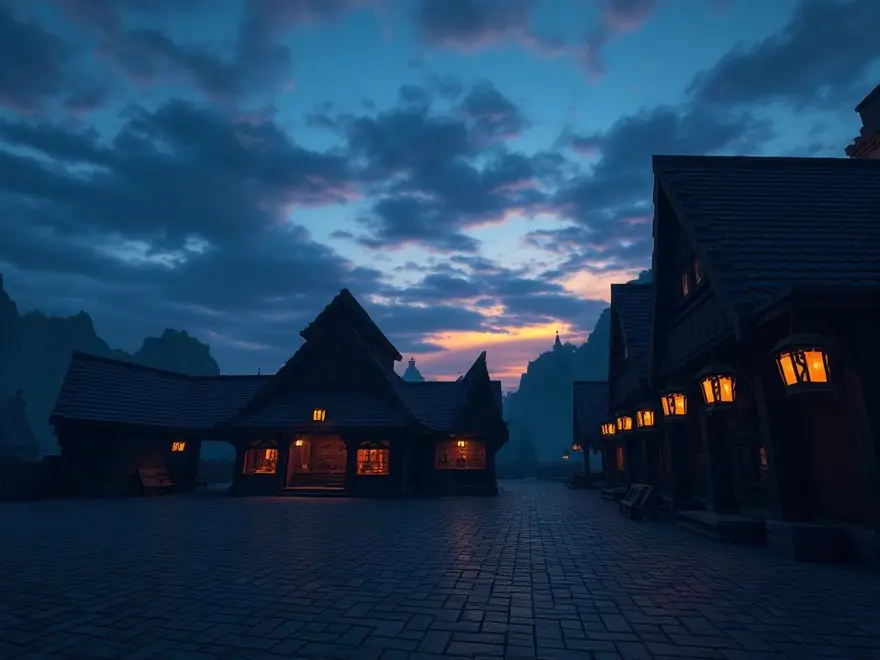 Medieval marketplace at dusk