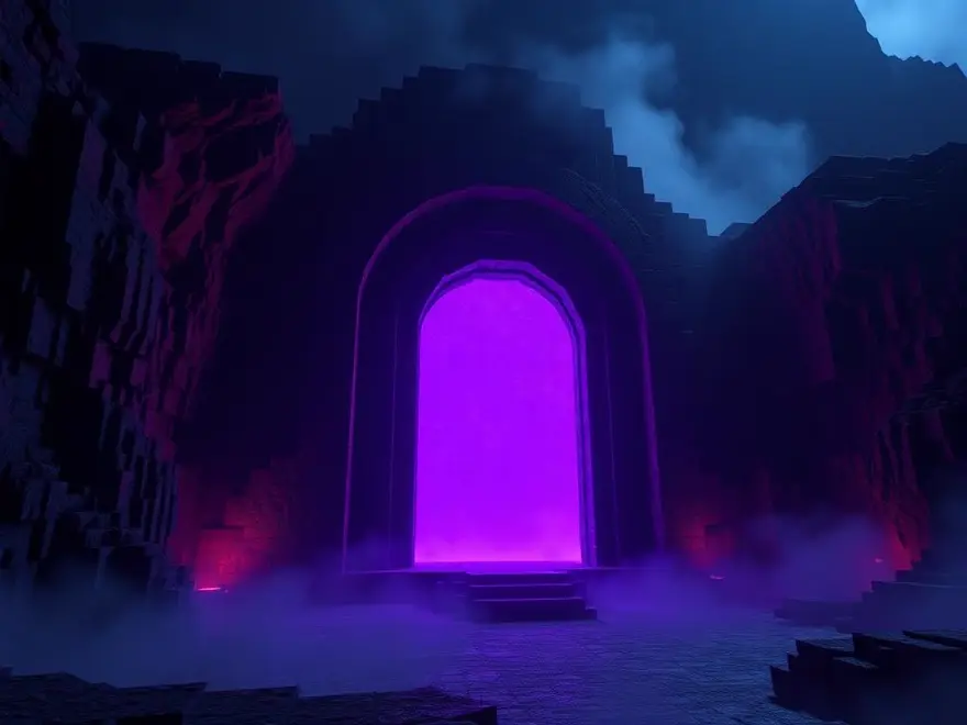 Glowing violet nether portal in a basalt cavern