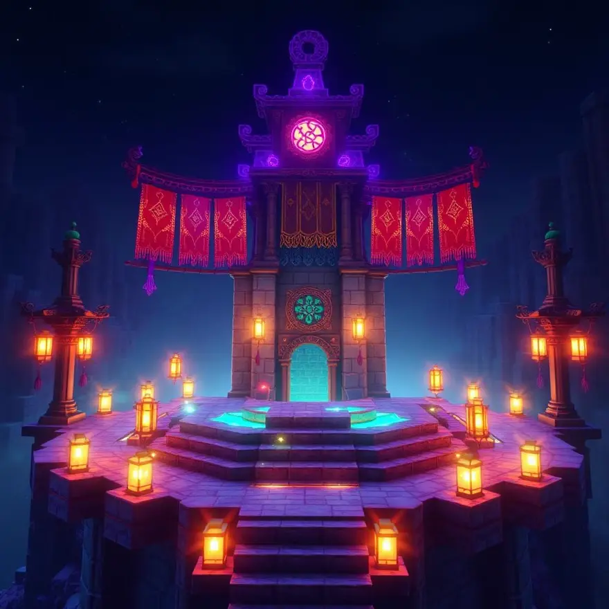 Fantasy spawn hub lit by lanterns at night